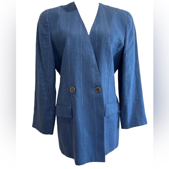 80s DIOR BLUE LINEN PINSTRIPE LUXURY BOXY DOUBLE BREASTED COLLARLESS BLAZER SZ 6 - Picture 3 of 9